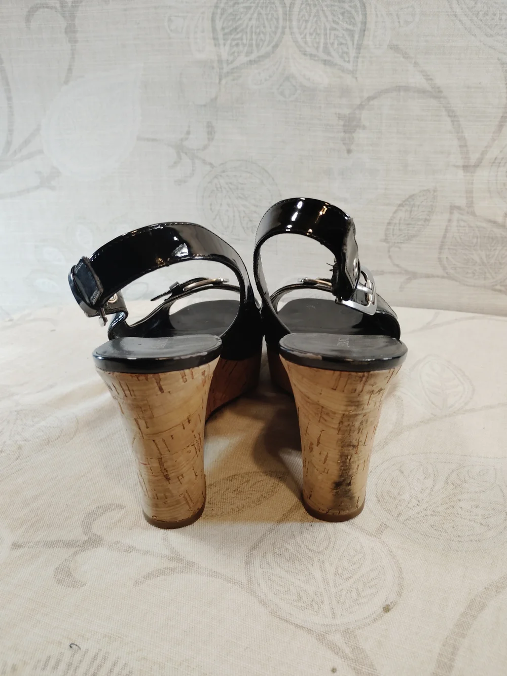 Franco Sarto Black Patent Leather Wedge Slingback Heels